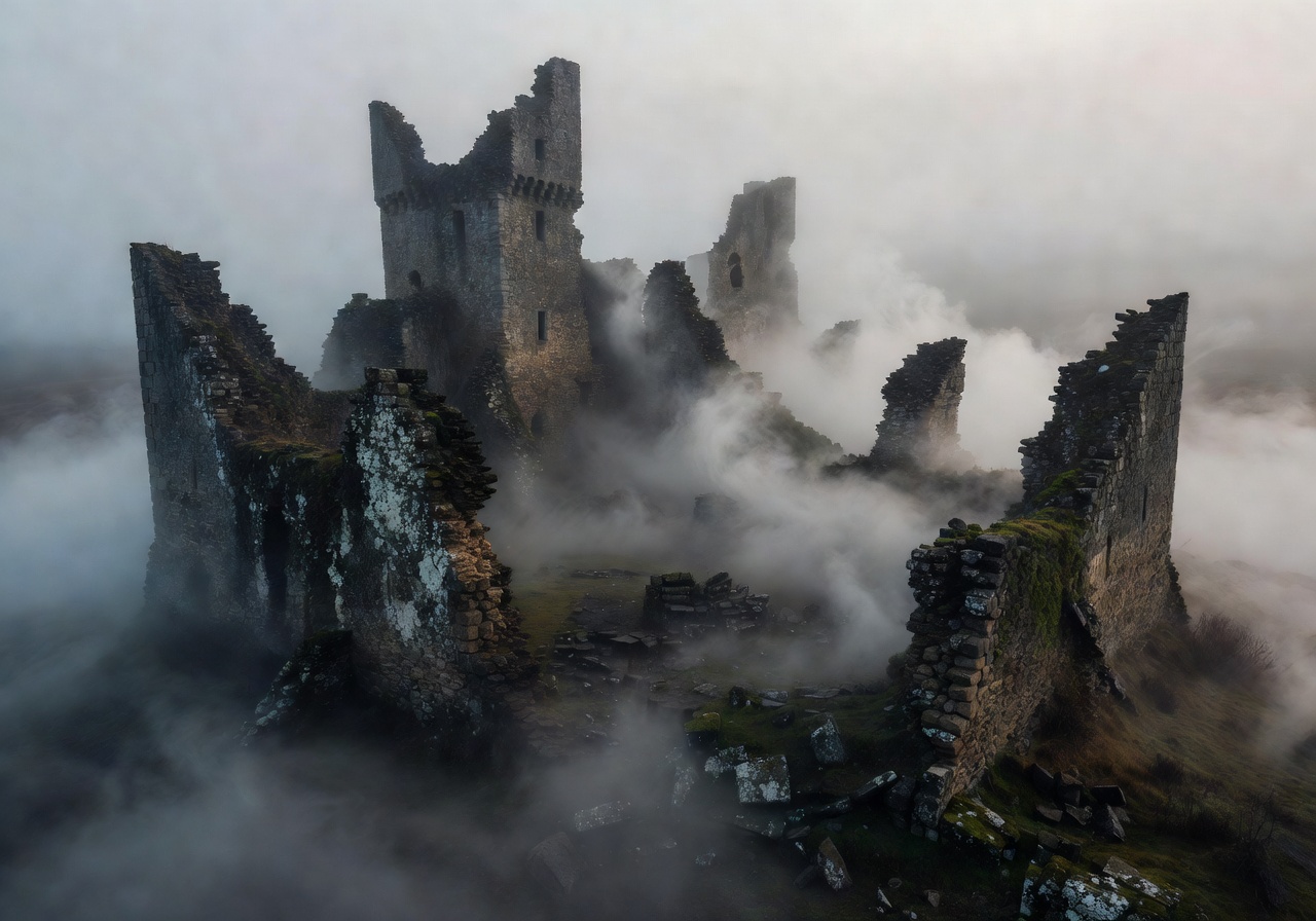Cinematic ancient castle ruins surrounded by fog